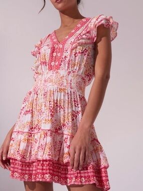 Poupette St. Barth Camila Mini Dress in White Pink Tulipe Print Sz L